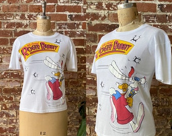Camiseta vintage de la película "¿Quién engañó a Roger Rabbit?" de 1987 - Costura sencilla 50/50 - Talla juvenil mediana (mujer pequeña)