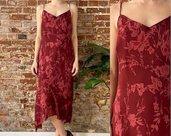 Vintage 1990s Bias Cut Burgundy Floral Overlay Midi Dress - 90s Asymmetrical Floral Strappy Dress - Large