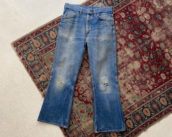 Vintage 1970s Sears Whiskered Distressed Denim Original Repair Flare Jeans - 70s Faded Medium Wash Denim High Waisted Jeans - 31/32 Waist