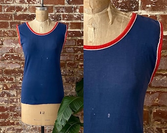 Vintage 1970s Champion Blue Bar Navy Red White Ringer Tank Top - Single Stitch 50/50 Made in USA - Men's Small Short Fit