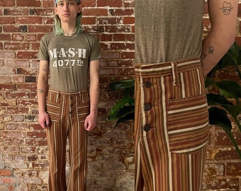 Vintage 1960s/1970s Vertical Stripe Bell Bottoms - 60s/70s Brown Striped Bells - 70s Flare Pants - Exposed Button Fly - Low/Mid Rise 30" W
