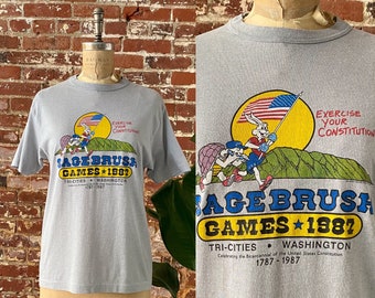 Vintage 1987 Sagebrush Constitution Games Graphic Tee - 80s Sagebrush US Constitution Bicentennial Games T-Shirt - Single Stitch - Small Men