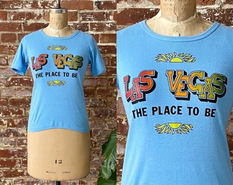 Vintage 70s Las Vegas "The Place to Be" Blue Micro Ribbed Ringer Tee - Single Stitch Made in USA - Women's Small/Med