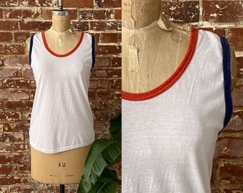 Vintage 1970s White Red Blue Two Tone Ringer Tank Top - Single Stitch 50/50 - Men's Small Short Fit