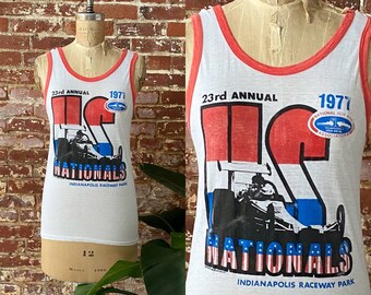 Vintage 1977 NHRA 23rd Annual US Nationals Racing Ringer Tank - 70s Indianapolis Raceway Park Hot Rod Tank Top - 50/50 Single Stitch - Small