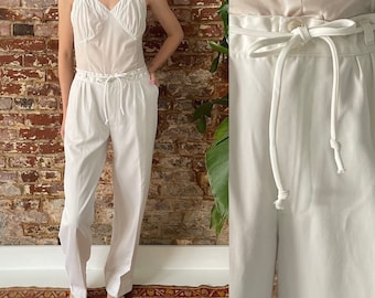 Vintage 80s White Drawstring Paper Bag Pants - Wide Tapered Leg - 30W Max