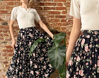 Vintage 1990s Laura Ashley Rose Print Rayon Skirt - 90s Black & Pink Rose Floral Pleated Rayon Long Skirt - Made in Great Britain - 23/24W