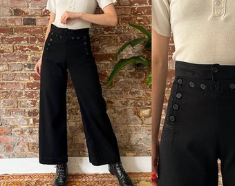 High Rise Buttons Decor Wide Leg Sailor Pants In BLACK