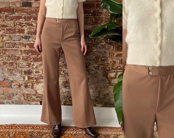 Vintage 1970s Brown Ribbed Flair Trousers - 70s Brown Ribbed Knit Bell Bottom Trousers - Stretch Waist - Mid Rise - 30-32"W