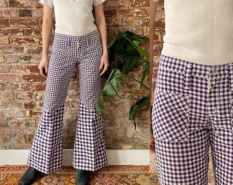 Vintage 1960s Peter Max Wrangler Gingham Bell Bottoms - 60s Purple Gingham Low Rise Flare Bells - Hip Huggers - XS Small 29 30 Low Waist