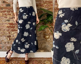 Vintage 1990s Navy Blue Rose Print Maxi Skirt - 90s Floral Maxi Skirt - Small 25 Waist