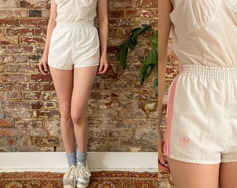 Vintage 1980s Adidas Trefoil Shorts - 80s White & Pink Adidas High Waisted Athletic Shorts - XXS XS, up to 25 Waist