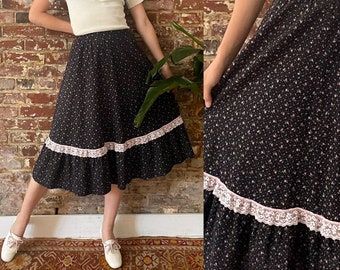 Vintage 1970s Prairie Calico Floral Cotton Midi Skirt - 70s Gunne Sax Style Prairie Skirt - Hand Tailored - XS 24 Waist