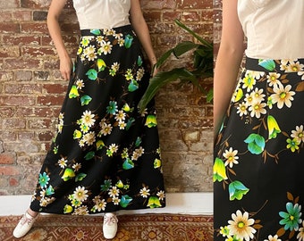 Vintage 1970s Black Aqua & Lime Green Floral A-Line Maxi Skirt - Sportswear Casualaire Made in Canada - 28 Waist