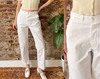 Vintage 50s/60s White Cotton Button Fly Tapered Ankle Chinos - Reynolds - 28 Waist Mid Rise