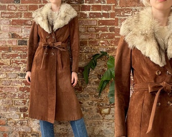 Vintage 1970s Penny Lane Coat - 70s Chestnut Brown Soft Suede Fur Trim Double Breasted Button Up Belted Jacket - XS Small