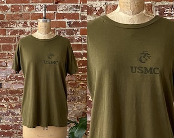 Vintage 1980s USMC Army Green Military T-Shirt - 80s Thrashed US Marine Corps Army Green Tee - Single Stitch Made in USA - Men's Large