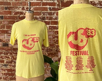 Vintage US &#39;83 Festival Tee - US 1983 Arts Music Festival T-shirt - David Bowie The Clash Judas Priest Yellow Single Stitch Worn Thin - S/M