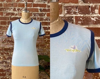 Vintage jaren 1970 Zacht geslagen papier dun Heather blauw T shirt enkele steek 50 50 heren grote dames XL Etsy Nederland