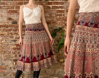 Vintage 1970s Indian Block Print Wrap Skirt - 70s Navy Beige Burgundy Floral Tie Waist Block Print Cotton Skirt - Medium 28-30 Waist