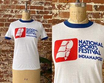 1982 Levi’s National Sports Festival Indianapolis Ringer T-Shirt - Levi's Tag Single Stitch - XSmall/Small 17” x 25”