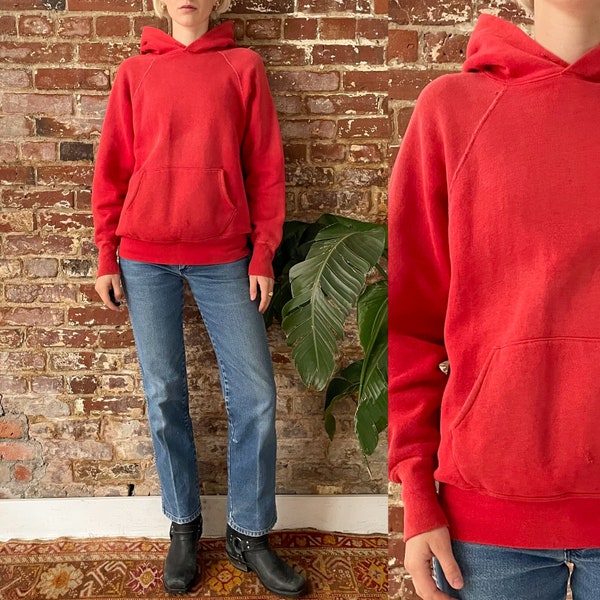 Vintage 1960s Beautifully Faded Red Hoodie - 60s Soft Sun Faded Worn In Red Hooded Sweatshirt - Men's Med Women's M/Lrg