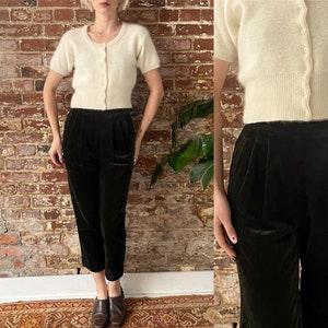 Vintage 1980s Olive Green Velvet High Waist Straight Leg Trousers - 80s Green Velvet Cigarette Pants - Made in Italy - XSmall - 26" W 37"Hip