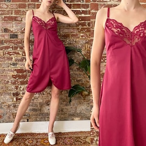 Vintage 1970s Raspberry Nylon Split Hem Lace Trim Slip Dress - 70s Dark Pink Lace Trim Slip - Small Medium