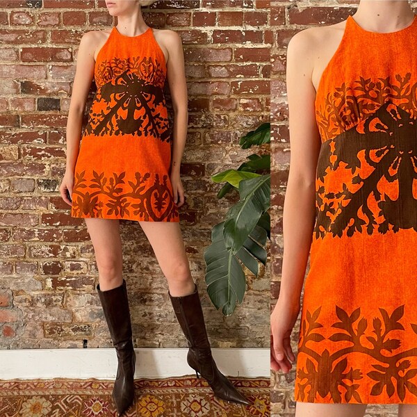 Vintage 1960s Orange Barkcloth Floral Filigree Print Halter Mini Dress - 60s Bj's Fashions Honolulu, Hawaii Barkcloth Mini Dress - Small