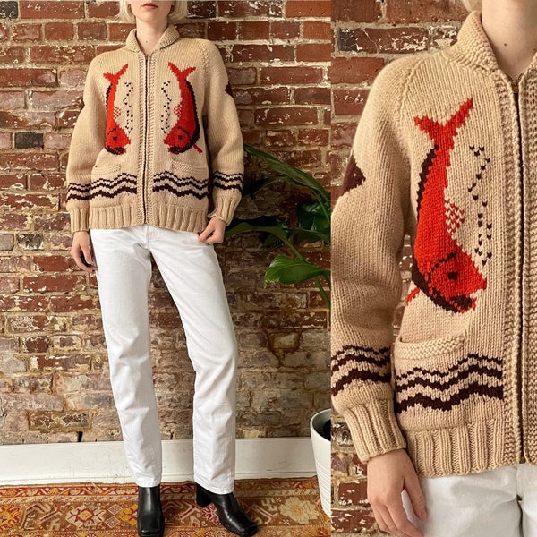 Vintage 1960s Mary Maxim Beige Fish Pattern Hand Knit Cowichan Sweater - Lined - Elbow Patch - Unisex Men's Small Women's Medium