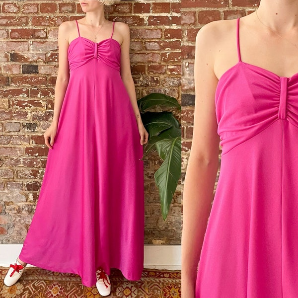 Vintage 1970s Fuchsia Disco Strappy Maxi Dress - 70s Fuchsia Pink Ruched Centre Empire Waist Polyester Evening Dress  - Small