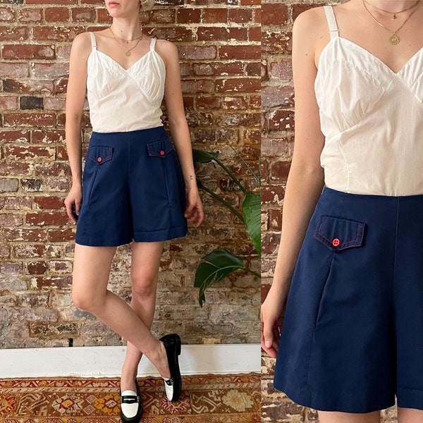 Vintage 1970s does 1940s Navy Blue High Waisted Pleated Shorts - 70s Front Flap Faux Pocket Contrast Stitch Shorts - 25/26W Loose Leg