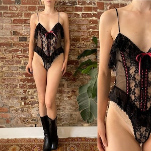 Vintage jaren 1980 Zwart & Rood Pure Lace Teddy Medium afbeelding 1