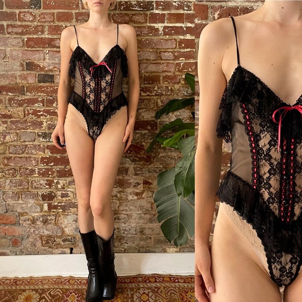 Vintage 1980s Black & Red Sheer Lace Teddy - Medium