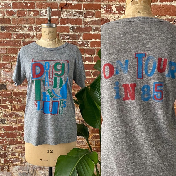 Vintage 1985 Doug And The Slugs On Tour T-Shirt - 80s Heather Grey Doug & The Slugs Tour Tee - 50/50 Single Stitch Super Soft - Medium Men