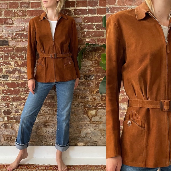 Vintage 1930s Suede Belted Jacket - 30s/40s Rust Zip Up Belted Leather Jacket - Lightning Bell Zipper - Small Medium