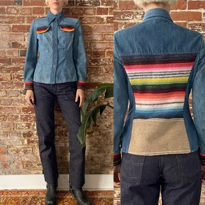 Op de afbeelding: Een blauw denim shirt met kleurrijk gestreept stof op de rug. Het shirt heeft een knoopsluiting aan de voorkant en lange mouwen met rood-wit gestreepte manchetten.