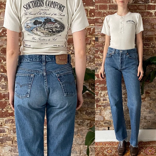 Vintage 1980s Levi's 501 Jeans - Levis 501s Medium Wash Raw Hem - Button Fly Straight Leg - Made in USA - 29 Waist Mid Rise 38” Hip Max
