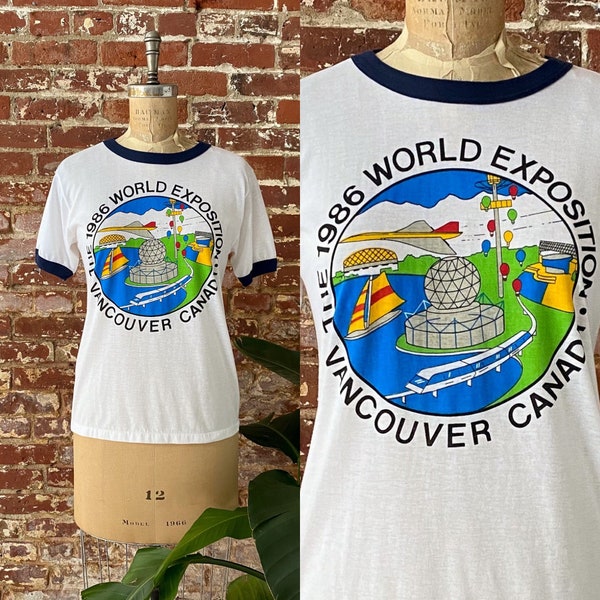 Vintage 1986 World Exposition Vancouver Canada Souvenir T-Shirt - 80s Expo '86 Navy White Ringer Tee - Single Stitch Official Souvenir - S/M