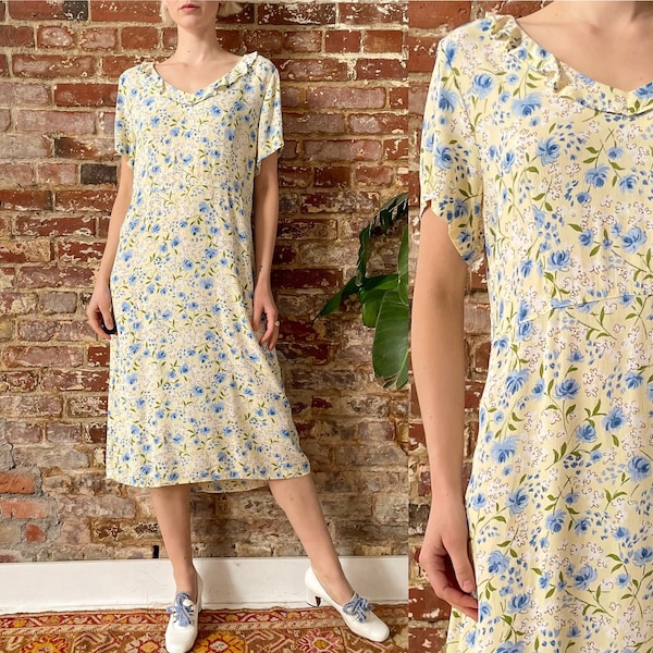 Vintage 1990s does 1940s Carol Anderson Yellow & Blue Floral Rayon Dress - Large