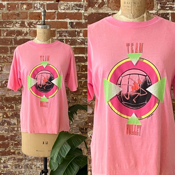 Vintage 1980s Ocean Pacific Team Volley T-Shirt - 80s Neon Pink Ocean Pacific Surf Tee - Single Stitch Made in Canada - Boxy Large