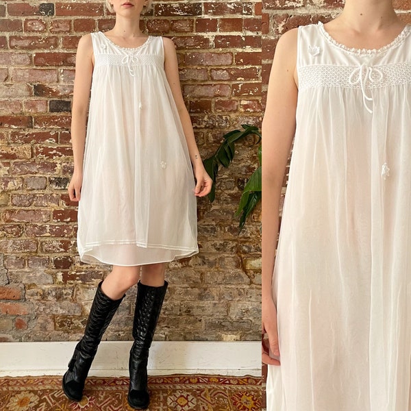 Vintage 1960s Smocked Sheer White Overlay Babydoll Slip Dress - 60s Floral Embroidered Overlay Nighty - XS Small