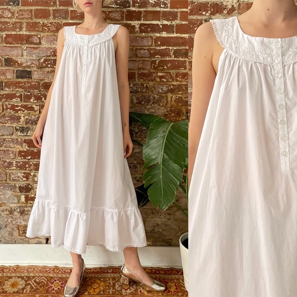 Vintage 1990s 2000s Antique Inspired Cotton Night Dress - Romantic Semi Sheer White Cotton Night Gown - Large Loose Fit