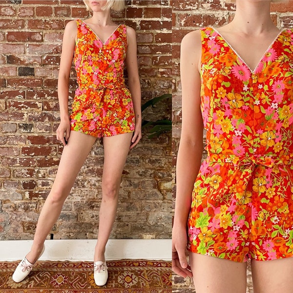 Vintage 1960s Orange Floral Barkcloth Playsuit - 60s Floral Bullet Bra One Piece Swimsuit - Small 25 26 Waist