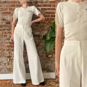 Vintage 1970s Cream High Waist Flare Leg Trousers - 70s Bone White Textured Bellbottom Sailor Trousers - 28" Waist