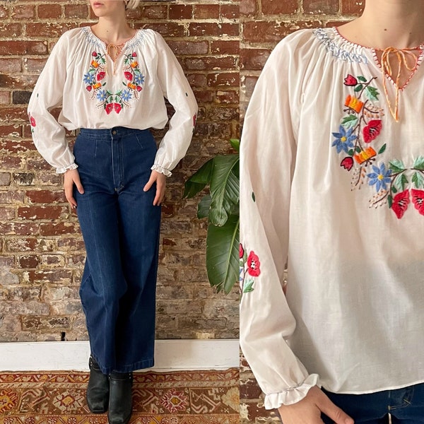 Vintage 1970s Rainbow Floral Embroidered Peasant Blouse - Medium Loose Fit