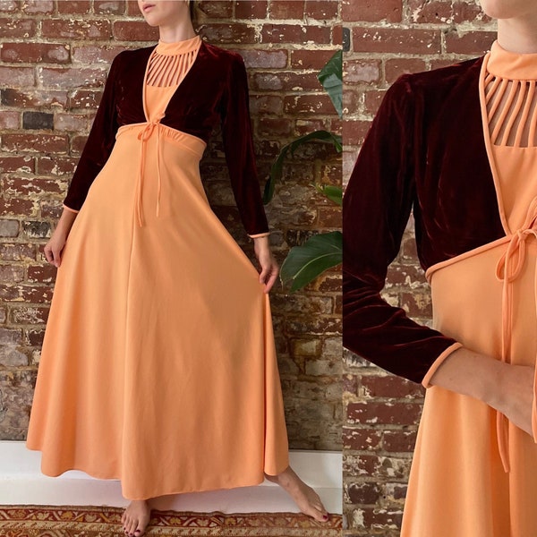 Vintage 1970s Peach Maxi Dress and Bolero Top Set - 70s Peach Cage Top Dress Rust Orange Velvet Top - Crushed Velvet Bolero Jacket - XS