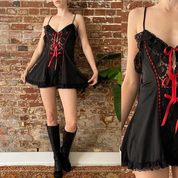 Vintage 1980s Black and Red Lingerie Tie Up Camisole - 80s Elizabeth G Adjustable Tie Front Babydoll Lingerie Top - M - Made in Canada