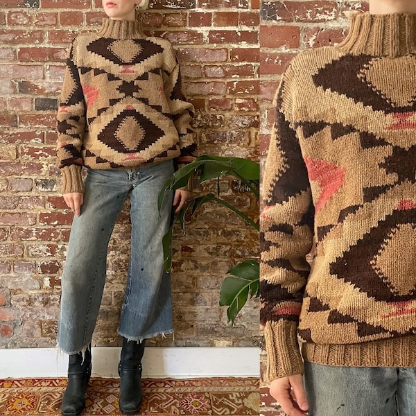 Vintage 1990s Polo Country Ralph Lauren Brown Southwestern Wool Sweater - 90s Ralph Lauren Navajo Inspired Knit Jumper - Men's Medium