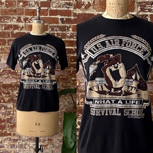 Vintage 1992 US Air Force Survival School Taz T-Shirt - 90s Soft Paper Thin Taz Tee - Single Stitch - Small Short Adult 18.5” x 24.5”